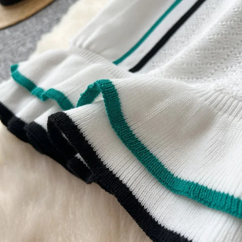 Women Color Patchwork Ruffles Hem Knitted Mini Dress Buttons Polo-neck Short Sleeve High Stretch Bodycon Casual Outfits Vestidos 250217