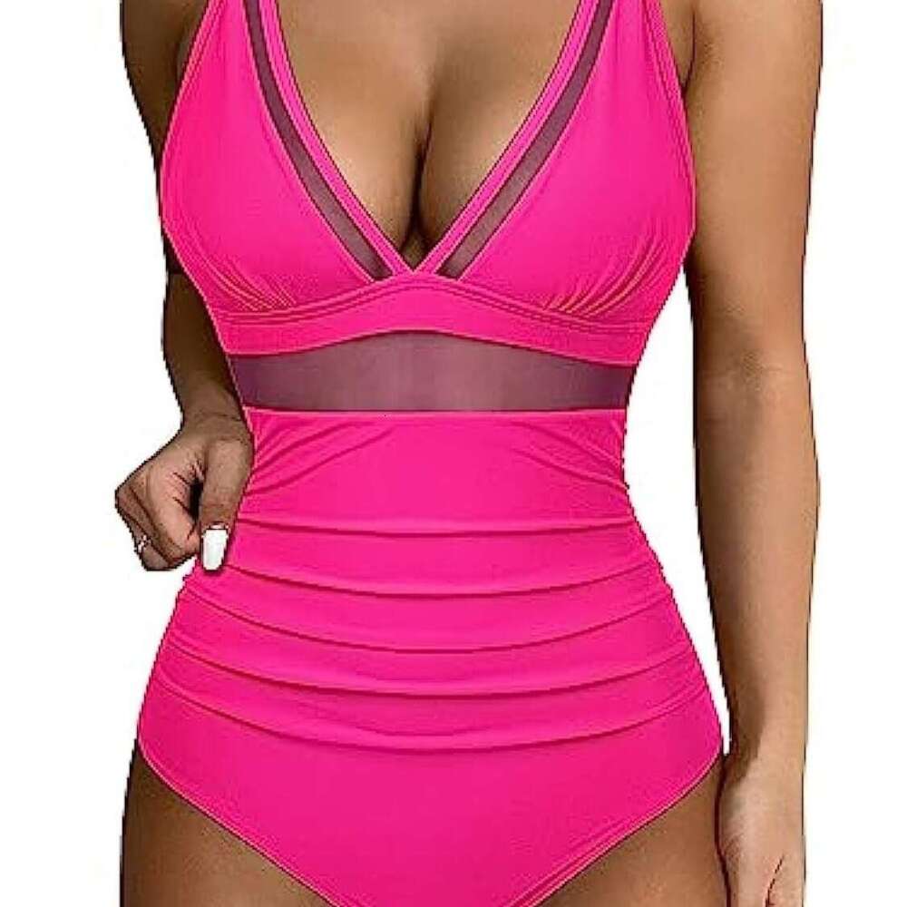 European and American popular one-piece swimsuit, y hollow mesh deep v gathering perspective bikini 2025 new casual versatile fashion clothing