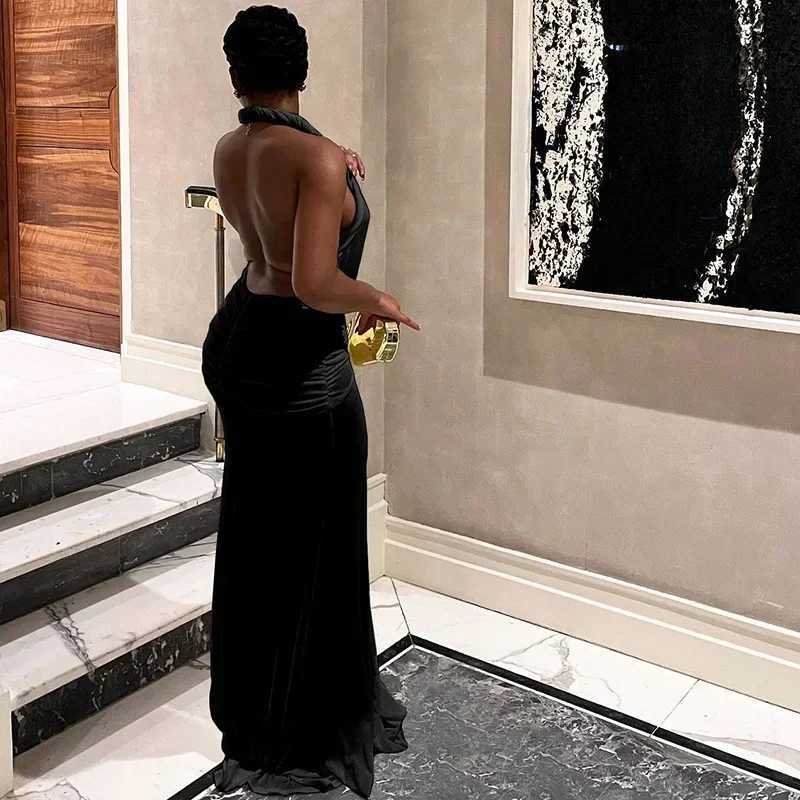 Basic Casual Dresses 2025 Spring Lace Up Ribbon Halter Backless Ruched Bodycon Maxi Evening Party Dress Sexy Dp V-neck Slveless Split Long Robe H25217