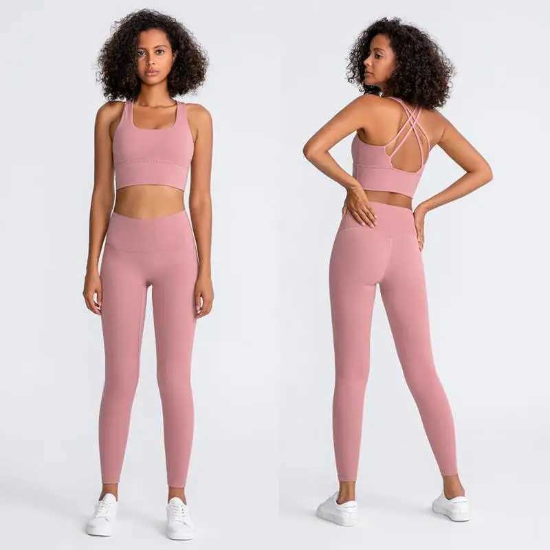 Active Shirts Tees Naked Fl Set Women Sportswear 2 Piece Strappy Sports Bra High Waist Gym Leggings Workout Outfit Active Wear H25218