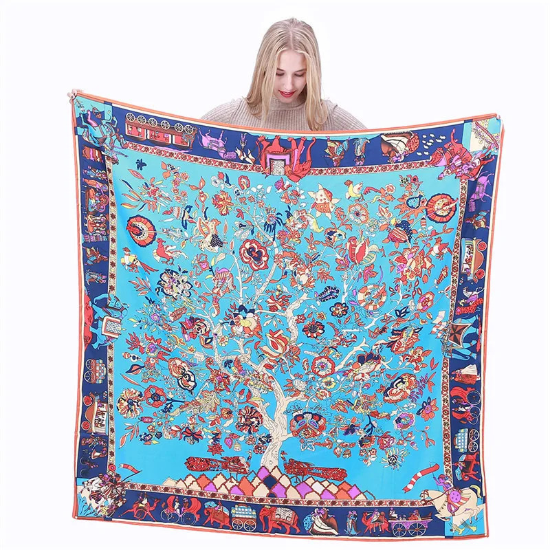 LESIDA Pure Silk Scarf Women Large Shawls Stoles Tree Print Square Scarves Foulards Femme Wrap Bandanas 130*130CM 1303 250213