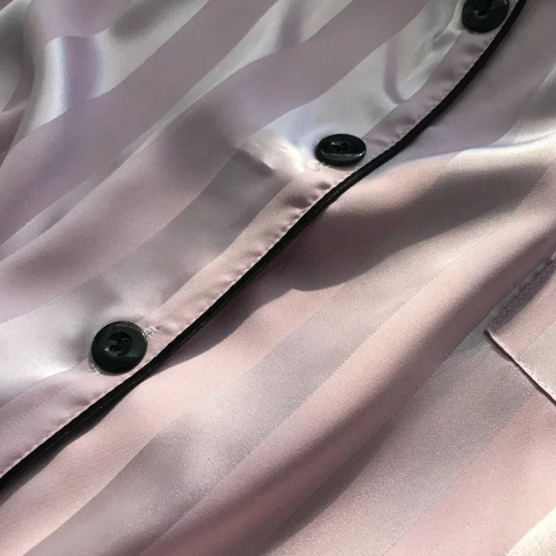 2Pcs Women Sleep Lounge Set Plus Size Seamless Satin Pajama Top Short Set Striped Button Up Short Sleeve Shirt Pants Pajamas 250217