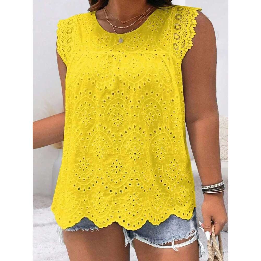 2024 New Fashion Plus Size Shirt Sleeveless Hollow Solid Color Round Neck Lace Simple Versatile Casual T-Shirt Top