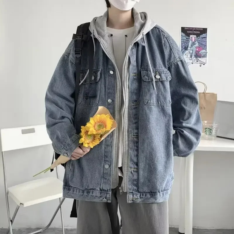 Trendy Hong Kong Style Versatile TwoPiece Illusion Hooded Denim Jacket Casual Loose Fit For Men And Youths Working Clothes 250210