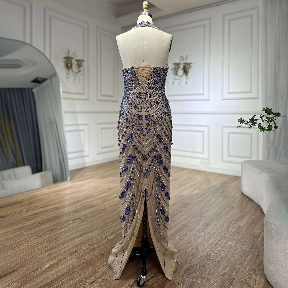 Blue Elegant Saudi Arabic Halter Neck Evening Gown Crystal Beaded Dress For Formal Ocn Customize BLA mal