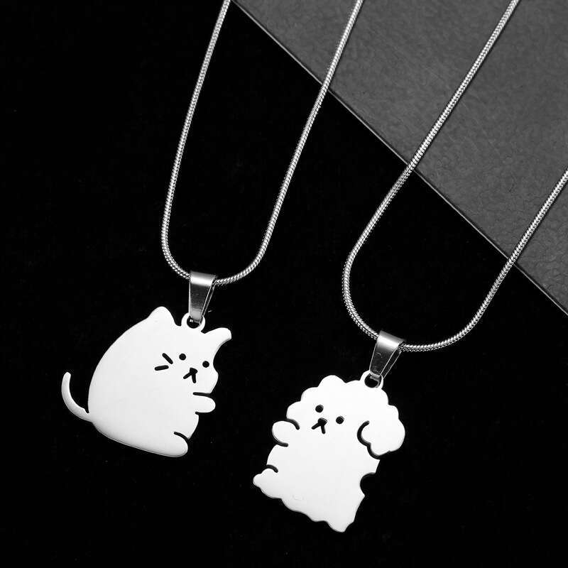 New product splicing style hing kitten, puppy, couple, best friend, cute cartoon men's and women's stainless steel necklace