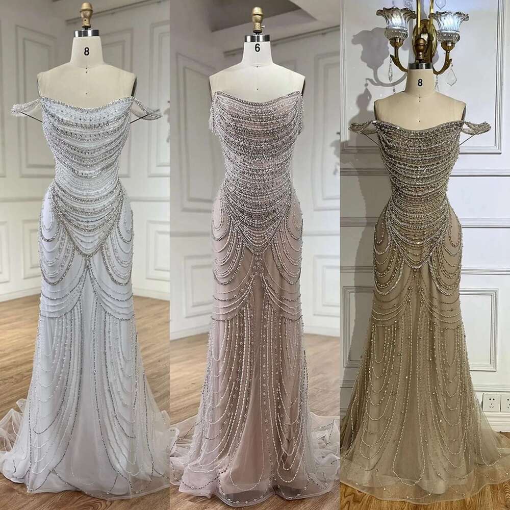 White Dubai Nude Strapless Mermaid Evening Dresses Gowns Pearls Beaded Evening Party Customize