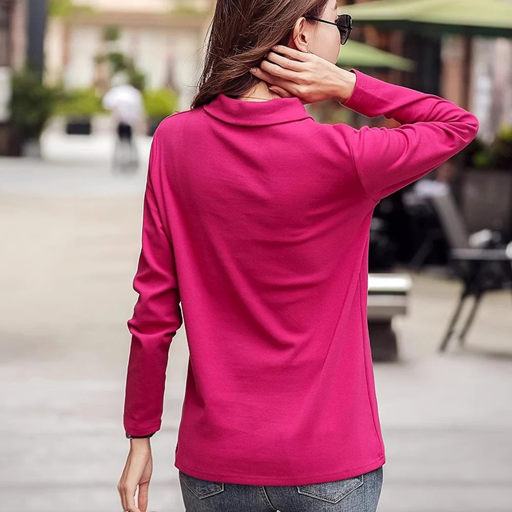 Rose red long sleeved tshirt womens autumn and winter item plus size casual fashion polo shirt with a collar top 250214