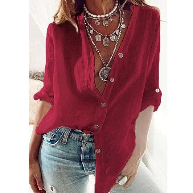 Summer Women's Cotton En Shirt Fashion Solid Color Casual Loose Button V-Neck Long Sleeve Top Commuter Wear