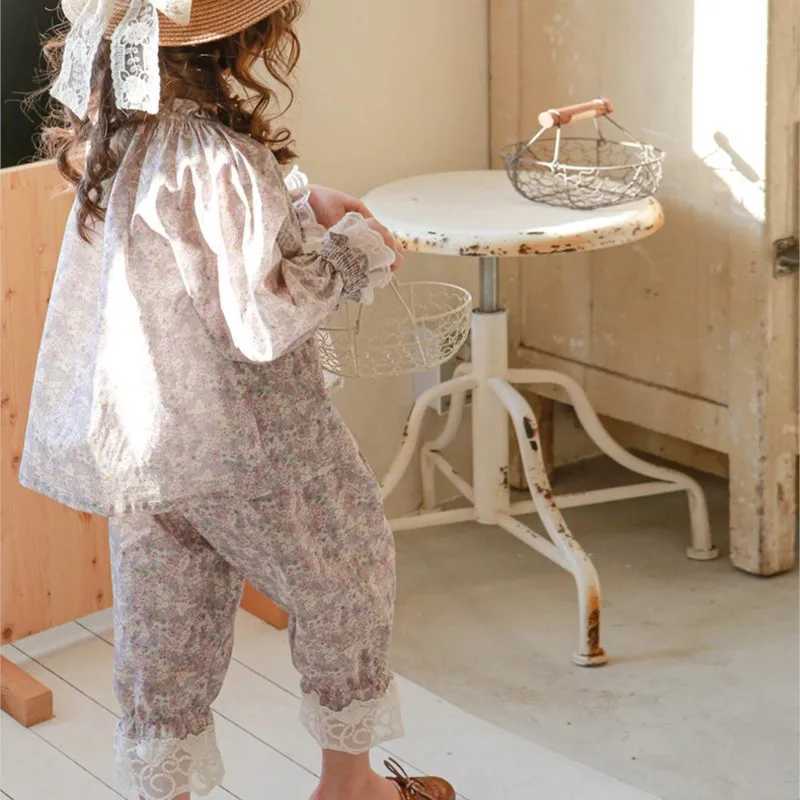 Ins Spring Children Girl 2PCS Clothes Set Floral Ruched Cotton Shirts Seven Inch Lace Edge Casual Pants Suit Toddler Girl Outfit W250218
