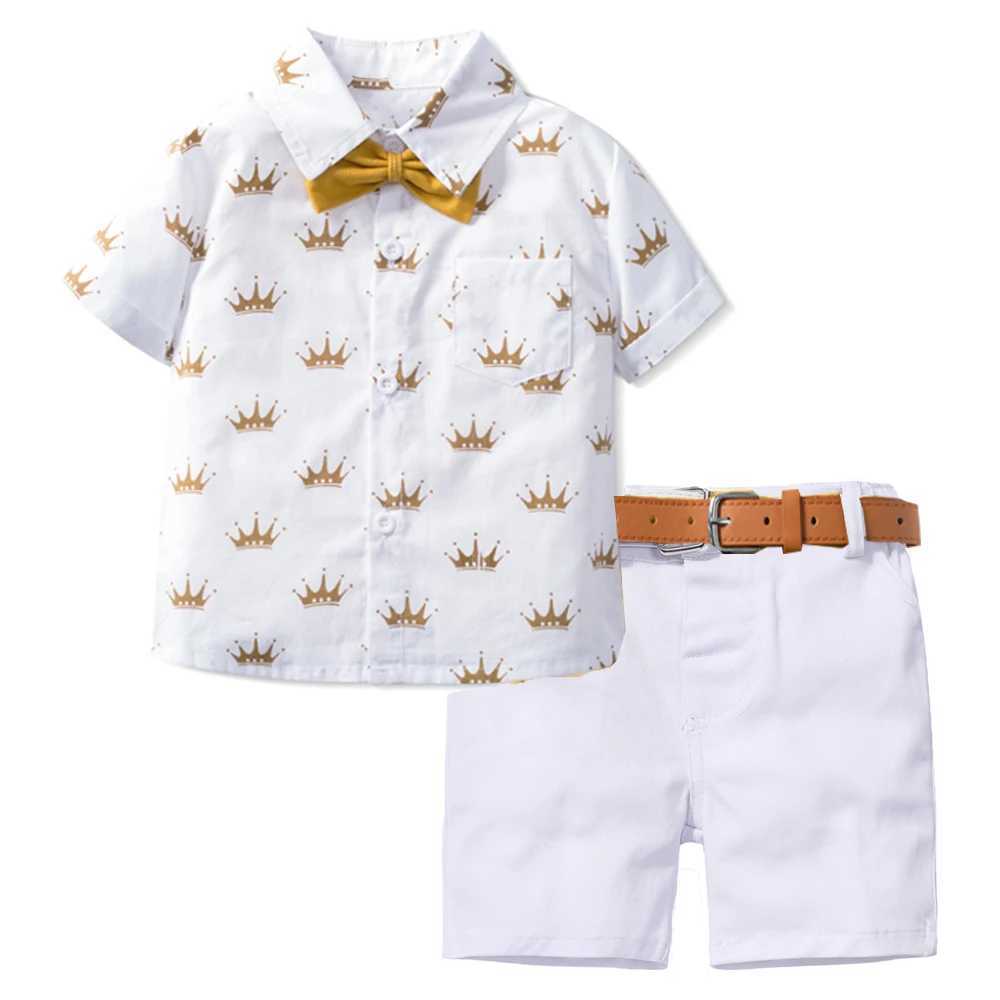 Boys Sets Clothing Summer Crown Print Polo T-Shirt White Shorts Yellow Bowtie Childrens Clothing For Boy Kids Clothes Boys W250218