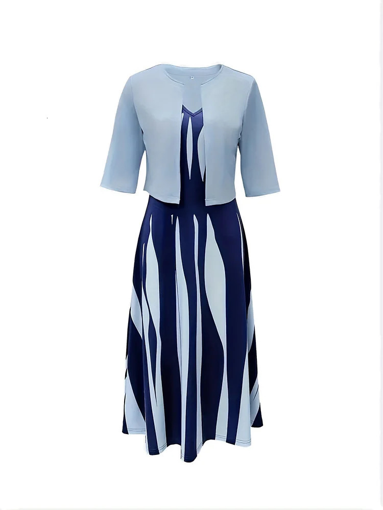 2024 European and American Autumn Plus size Womens Long Dress Two Piece Flower Grass Print Round Neck Coat Women 250214