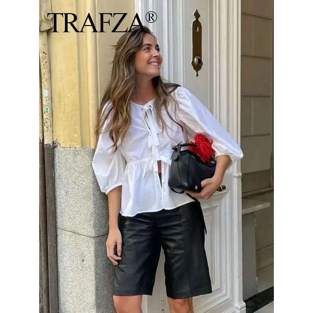 TRAFZA Women Causal O Neck Short Puff Sleeve Shirt Sweet White Bow Lace Up Tops 2024 New Fashion Chic Female Streetwear Blouse