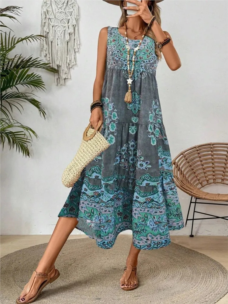 Womens Bohemian Holiday Dress Fashion Printed O-neck Sleeveless Dress Womens Casual Retro Beach Loose Dress Womens Summer Style 250213
