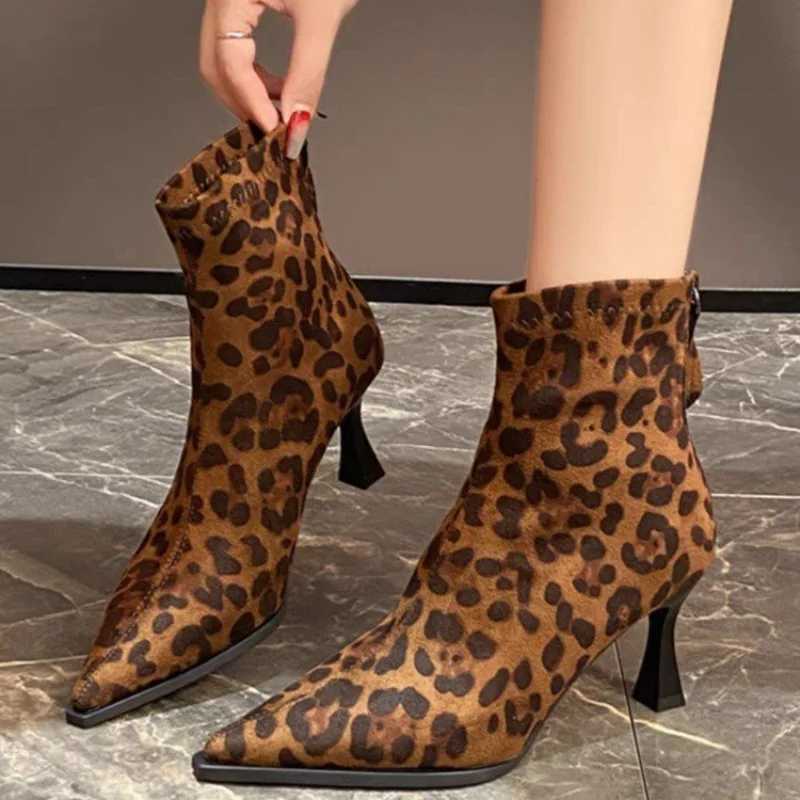 2024NEW Ankle Boots Leopard Women Pointed Toe Ladies Chunky High heel Female Shoes Footwear Plus SizeXJ250217