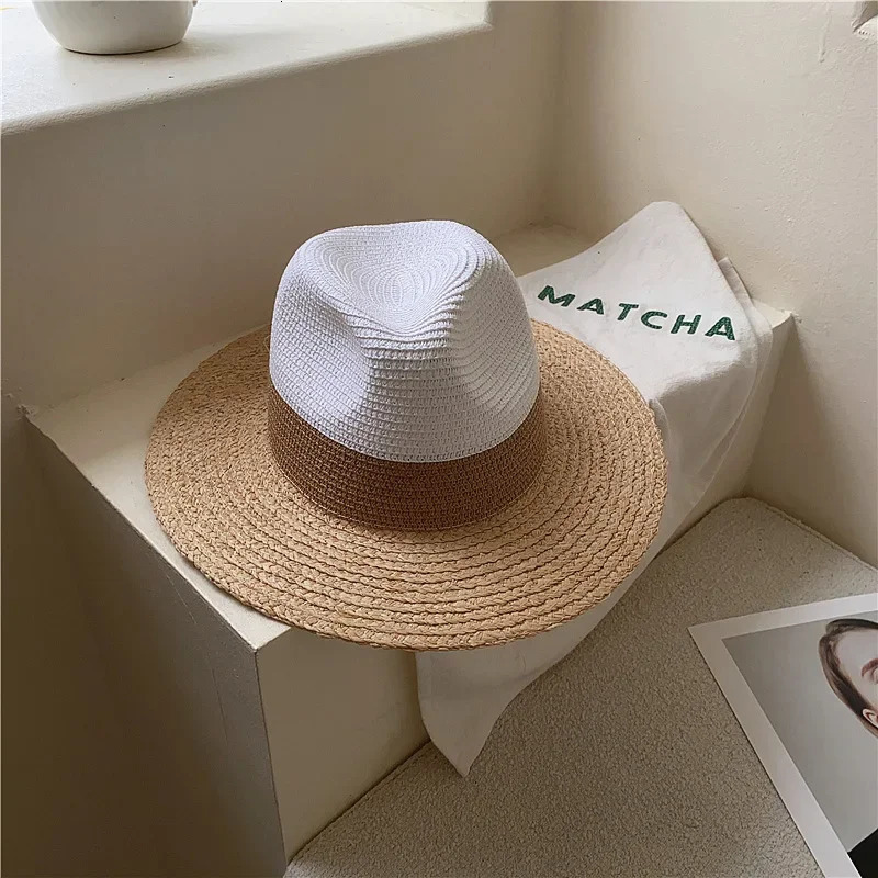 Summer Raffia Spliced Fashion Sunshade Straw Hat Womens Wide Brim Jazz Beach Hat Holiday UV Protection Sunscreen Sun Hats 250218