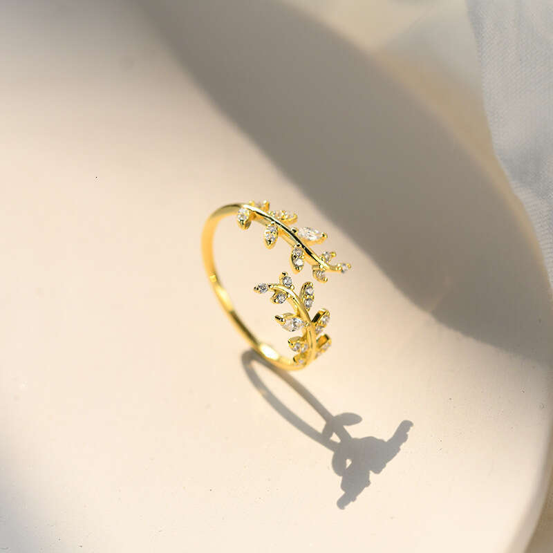 Tiqi pure silver small fresh and sweet temperament ring with leaf design, open mouth ring, forest style girl's touch hand accessory