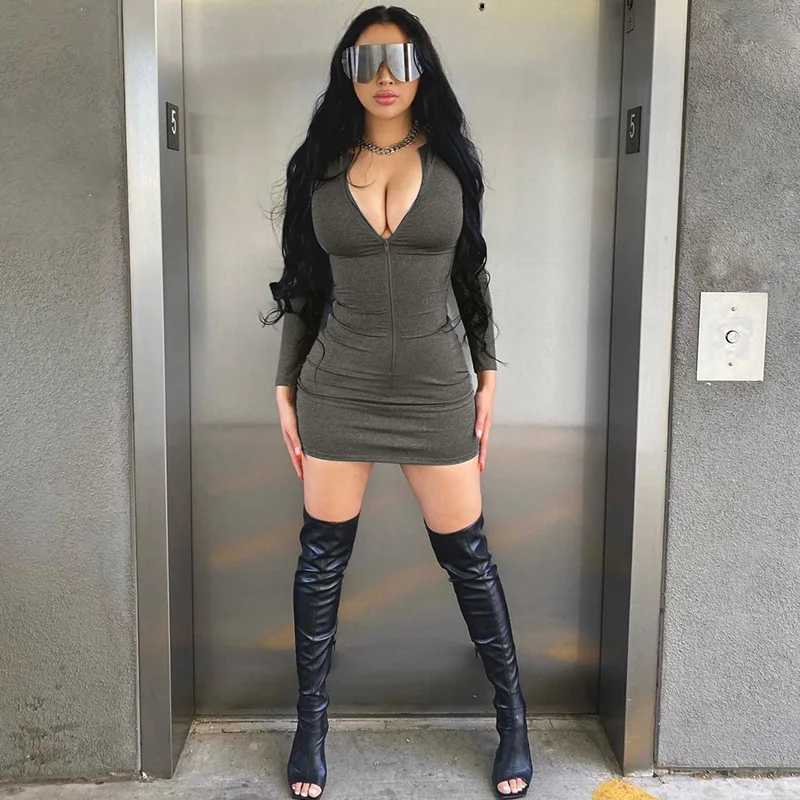 Basic Casual Dresses Zipper V-neck Long Slve Mini Dress Women Bodycon Sexy Strtwear Party Club Y2K Clothes Sportswear Autumn Winter Outfit H25217