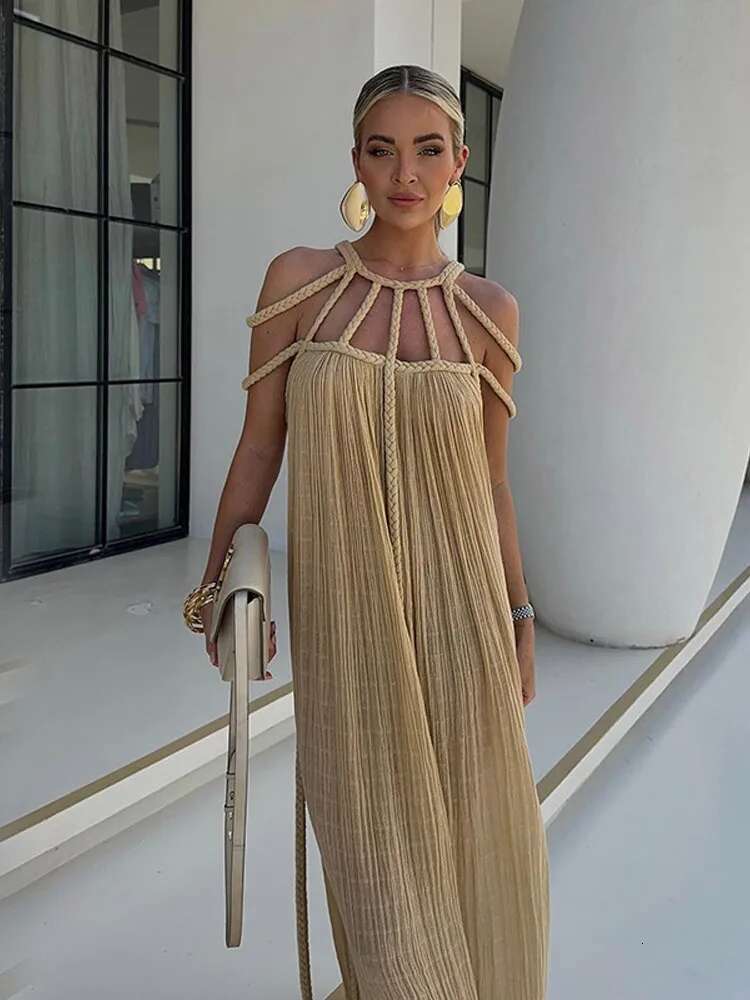 Off Shoulder Hanging Neck Beach Long Dresses Strap Design Hollow Out Sexy Holiday Loose Fashion Tying Summer Women Maxi Dress