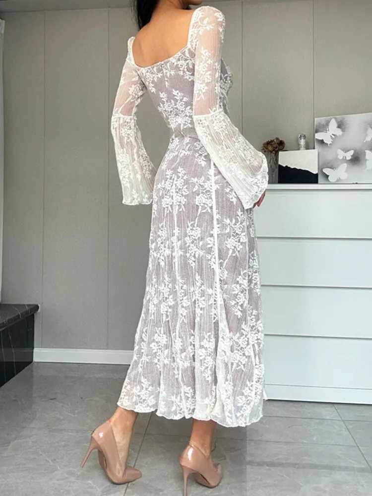 Basic Casual Dresses Fantoye Sexy Square Collar Lace Women Maxi Dress White Long Slve High Waist Dress Autumn Slim Elegant Party Clubwear Vestidos H25
