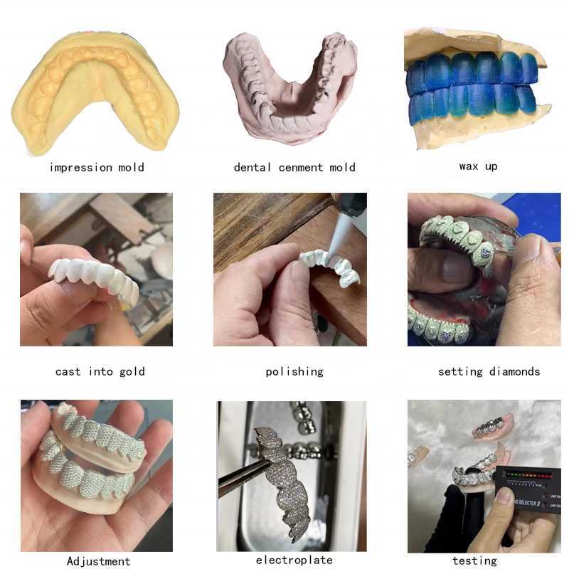 Custom Moissanite Grillz Hiphop Jewelry 925 Silver 10k 14k 18k Gold Iced Out Bling Teeth Grillz