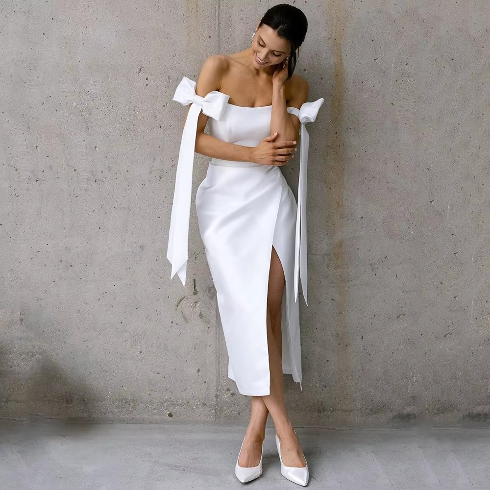 Short Wedding Dress White Satin Off the Shoulder Column Mini Wedding Gowns for Women Bride Zipper Pleat Simple Bridal Gown Vestido De Noiva Customized