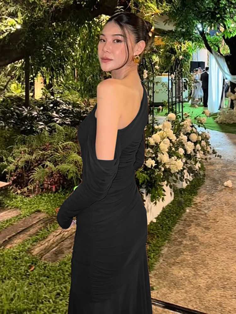 Basic Casual Dresses Fantoye Sexy One Shoulder Mesh Maxi Dress For Women Coff Long Slve Evening Dress Female Winter Skinny Elegant Party Clubwear H252