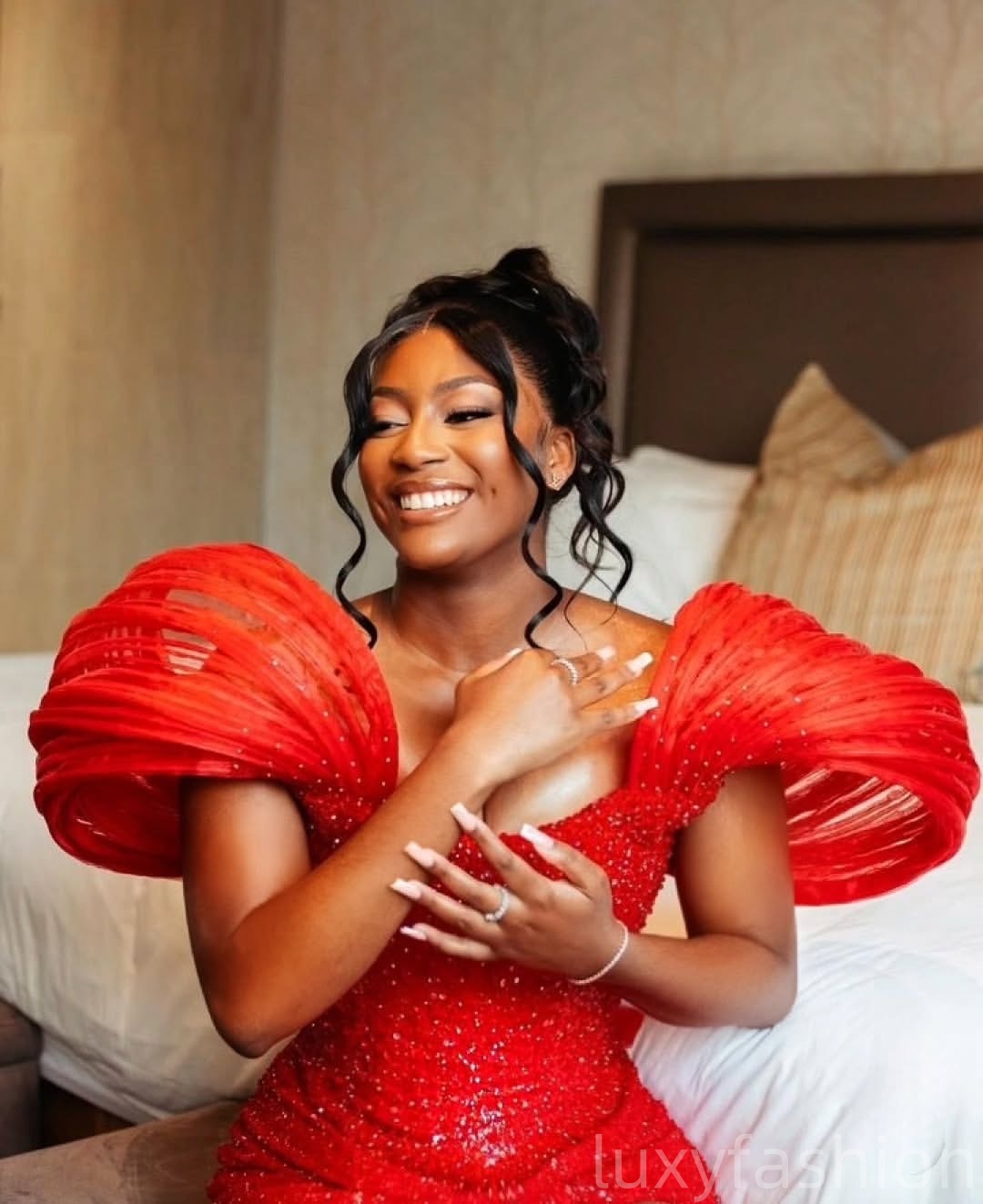 Aso Ebi 2025 Red Mermaid Prom Dresses Beaded Sequined Lace Stylish High Split Evening Formal Party Second Reception Birthday Gowns Dress For Special O