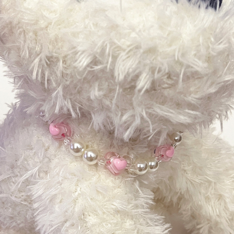 Fashion Pink Love Pearl Dog Necklace with Adjustable Jewelry Buckle, Small Medium Dogs Neck Decoration Necklace for Birthday Valentine's Day and 