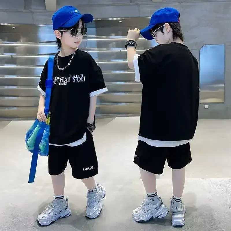Kids Boutique Clothes Boys Summer Letter Pullover T-Shirt Shorts 2 Pieces Suit Teenage Boy Sport Outfit Gym Tracksuit 6-16yXJ250218
