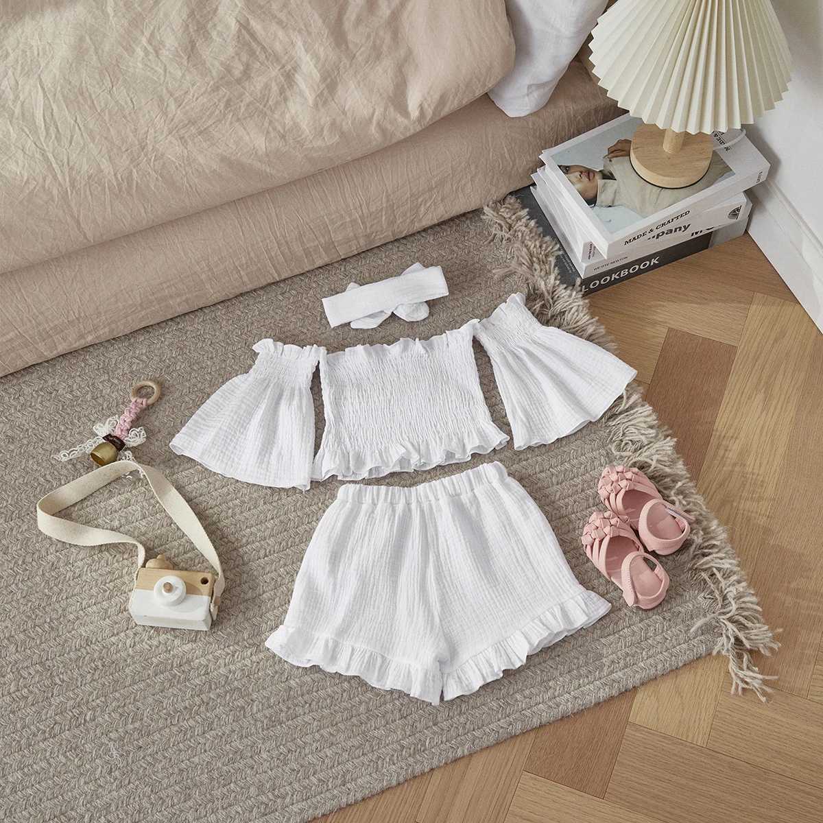 Listenwind 1-6Y Toddler Kid Girl Clothes Set Children Outfits Ruffle Off Shoulder Crop Tops Shorts Summer Holiday Clothing D08 W250218