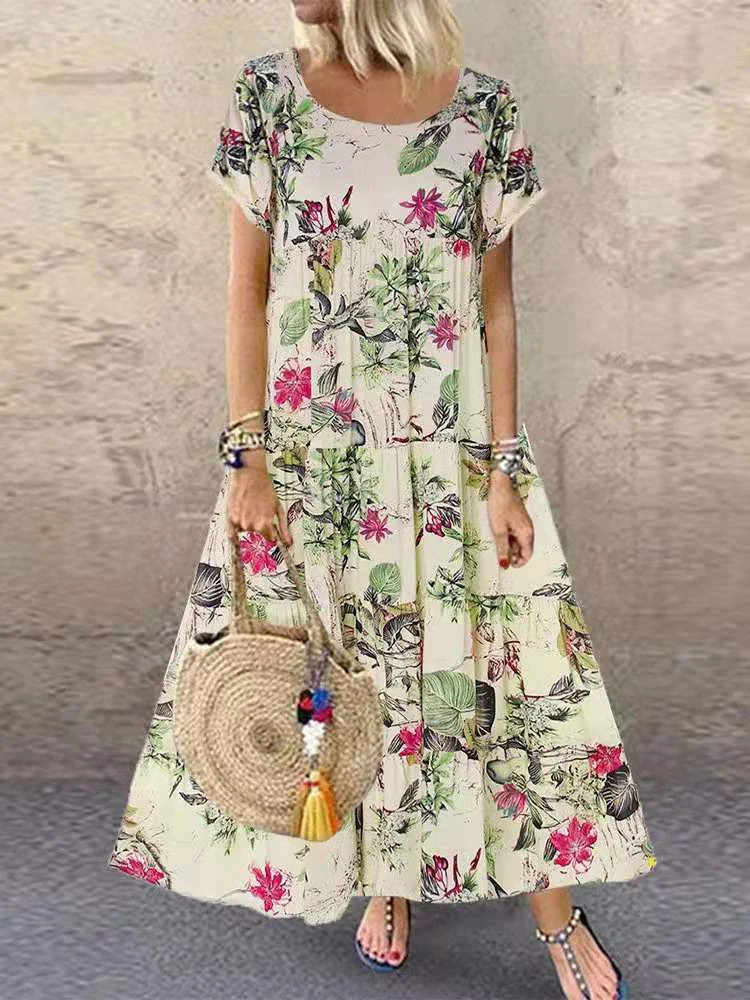 Vintage Floral Print Long Dress Summer Short Sleeve O Neck Oversized Boho Dress Women Cotton and Linen Maxi Sundress Beach Party 250213