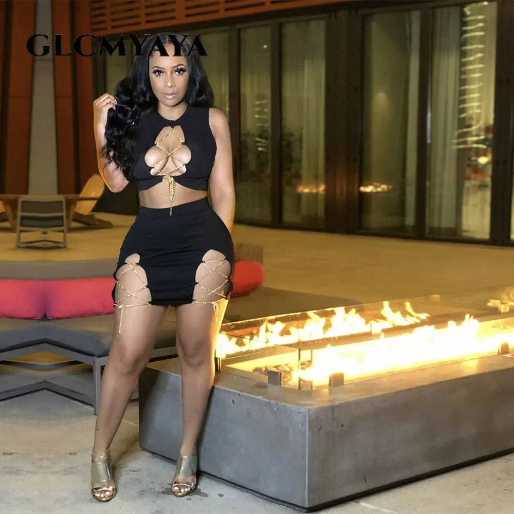 GLCMYAYA Women Set Chain Lace Up Sleeveless Crop Tops Sheath Elastic Mini Skirts Suit Two 2 Piece Set Sexy Club Outfit 250206