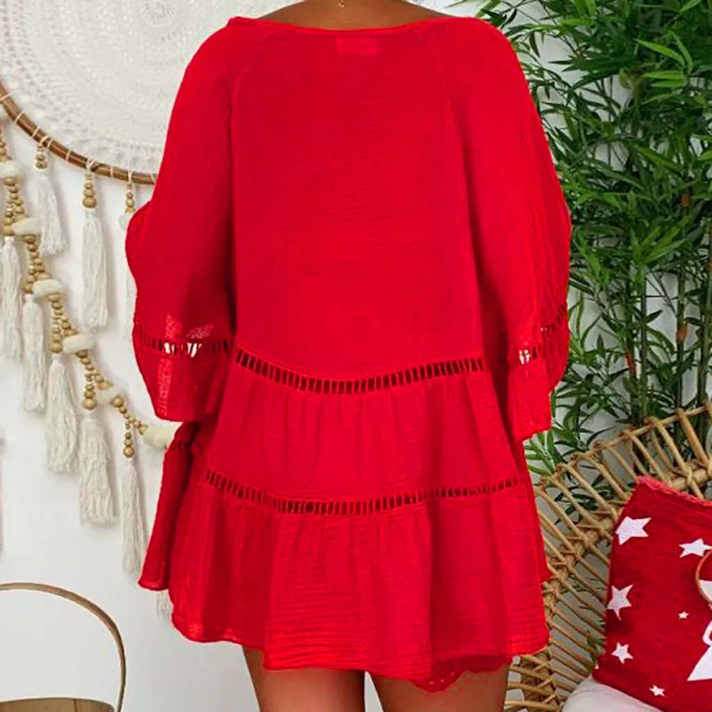 Sexy Yellow Loose Hollow Out Dress Summer V Neck Long Sleeve Cotton Linen Baggy Party Dresses Oversized S-5XL ARJ-138Y 250213