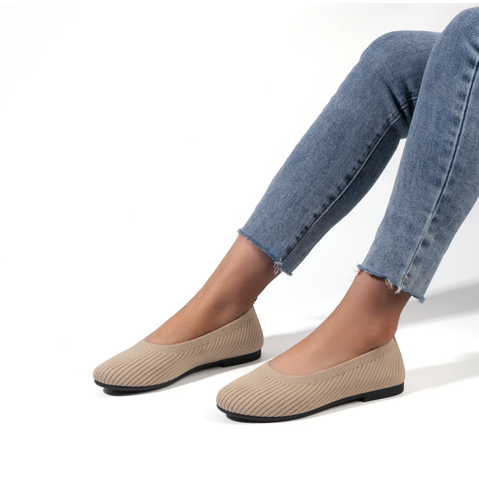 Women Mesh Flat Sneakers Round Toe Dress Shoes Knit Ballet Breathable Non-Slip Walking Shoes Lightweight Slip on Running Sneaker 250214