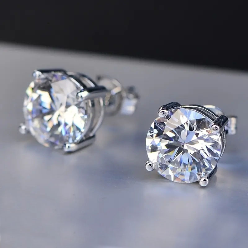 Copper 4 Prong Zirconia Ear Studs Earrings for Men Women 18K White Gold Silver Crystal 4-Claw Earrings Trendy Design Diamond Earrings Hypoallergenic E
