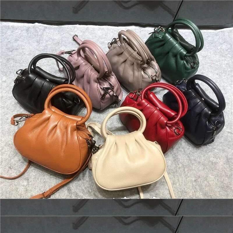 Ruched Design Cowhide Leather Shoulder Bags For Women Handbags 100% Real Skin Hobo Crossbody Bag Small Mother Purse