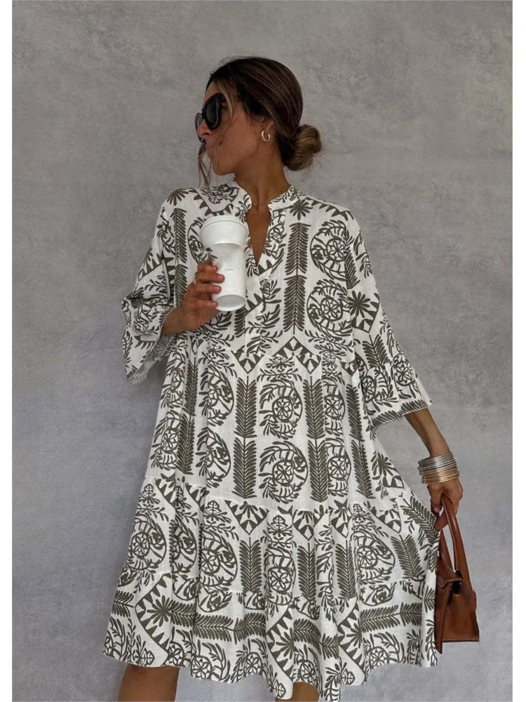 Style Casual Print Three-quarter Sleeve Shirt Dress For Women Summer Fashion V Neck Loose Holiday Casual Dresses Robe Femme 250213