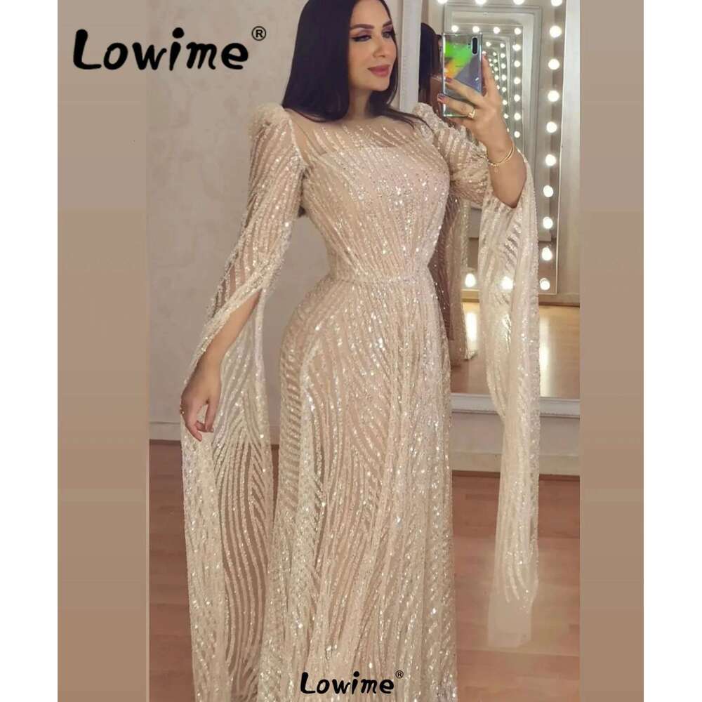 Sequins Shiny Long Sleeves Dubai Evening Dresses Customized Plus Size Mermaid Arabic Women Dress Party Gowns Champagne