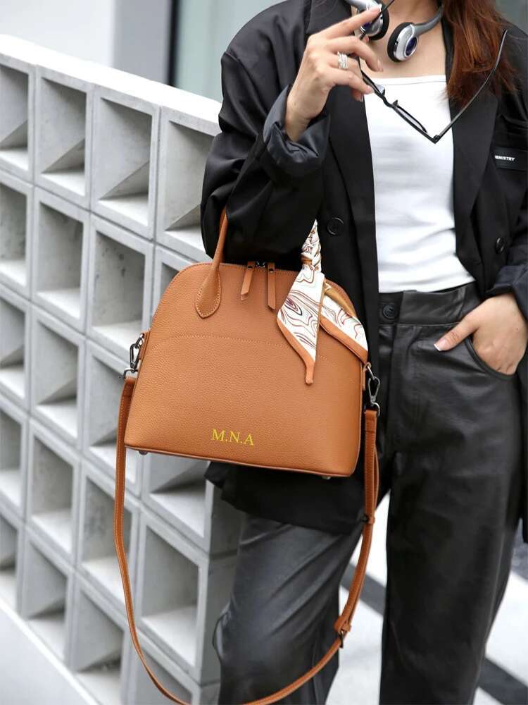 Monogrammed Genuine Cowhide Leather Women Shell With Scarf Large Capacity Single Shoulder Crossbody Bag For Ladies