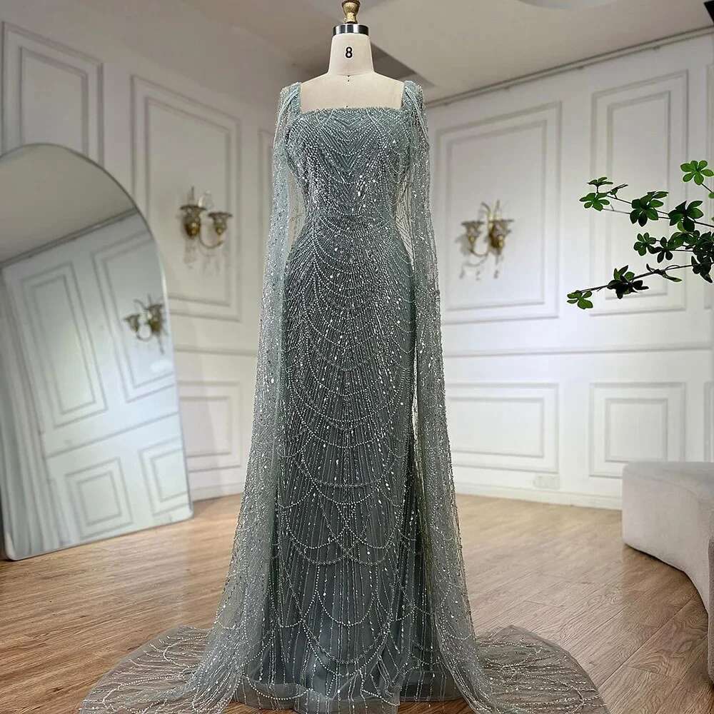 Turquoise Arabic Cape Sleeves Beaded Pearls Or Length Evening Gown Party Dress For Women Customize BLA