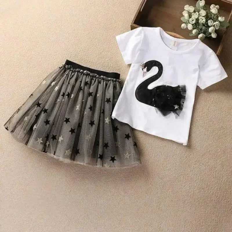 Kid Girl Clothes Swan Lace T-shirt+Star Tulle Skirt 2Pcs Set Baby Outfit Casual Girls Suit Fashion Two-Piece W250218