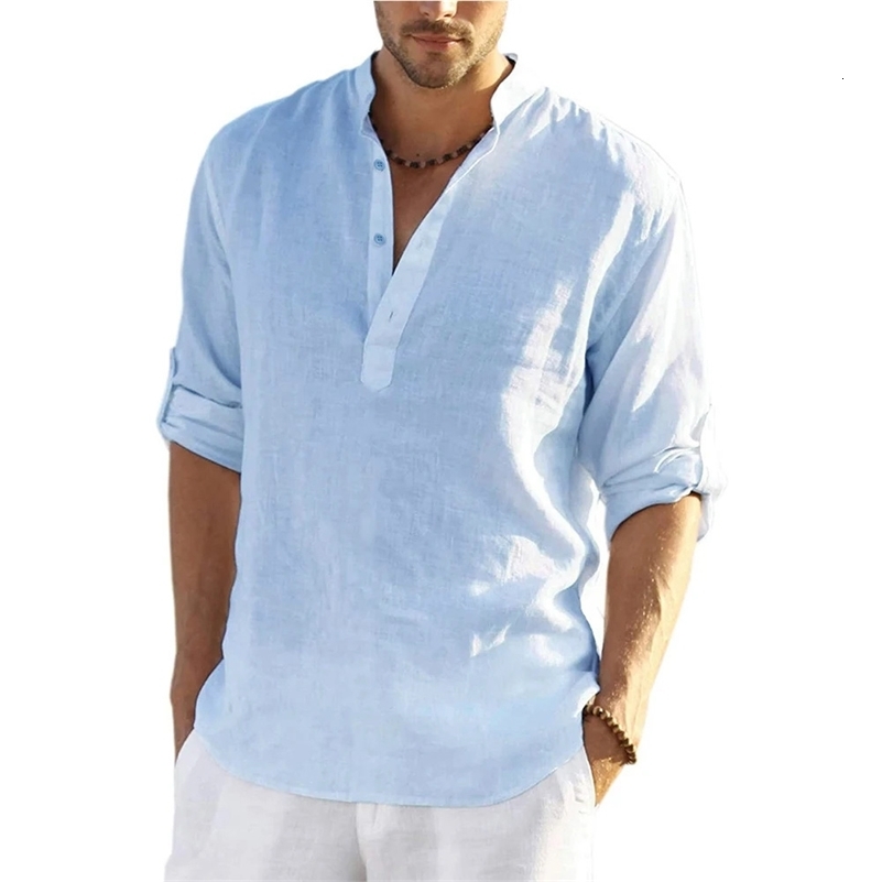 Cotton Linen Men Short-Sleeved Shirts Summer Solid Color Stand-Up Collar Casual Beach Style Plus Size 250217