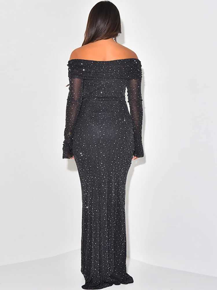 Basic Casual Dresses Fantoye Sexy Off Shoulder Sequins Sparkling Women Maxi Dress Black Long Slve Evening Dress Winter Slim Elegant Party Clubwear H25