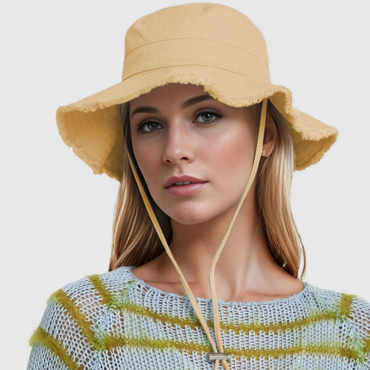 Ladies denim drawstring torn edge bucket hat sun resistant outdoor hiking hat adjustable fashionable daily travel headwear 250218