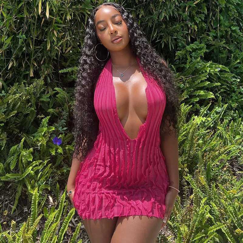 Basic Casual Dresses Lygens Mesh Halter Dp V Backless Ruffles Beachwear WomenS Dresses Y2K Party Casual Dresses Vacation Clothes Women Wholesale H2521