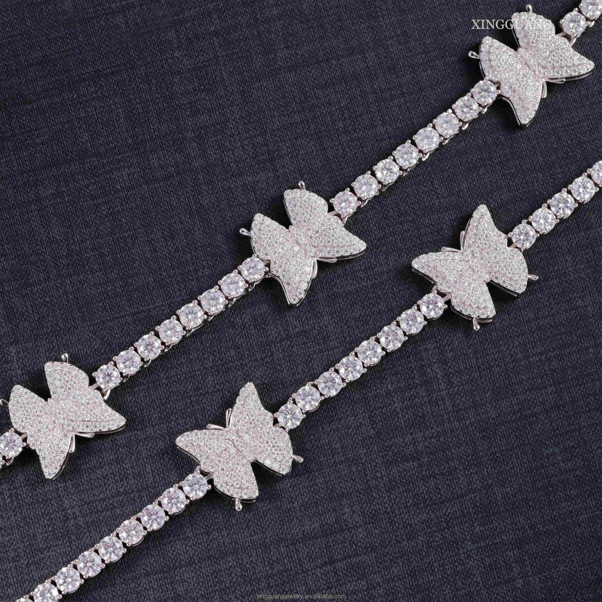 Trendy 925 Sterling Silver Iced VVS 3mm Moissanite Diamond Tennis Chain Bracelet White Gold Plated Butterfly Tennis Chain