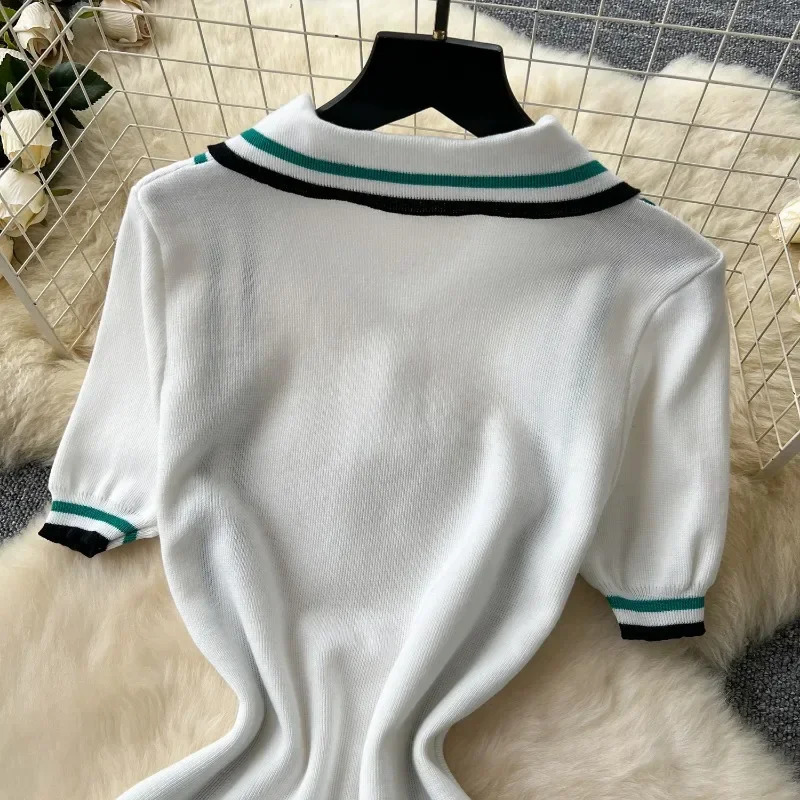 Women Color Patchwork Ruffles Hem Knitted Mini Dress Buttons Polo-neck Short Sleeve High Stretch Bodycon Casual Outfits Vestidos 250217