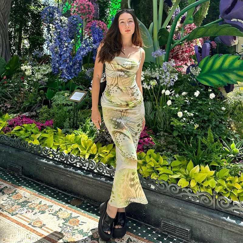 Basic Casual Dresses Lygens Tie Dye Butterfly Print Slveless Ruched Midi Slim Women Dress Elegant Party Ladies Autumn Wholesale 2023 New Clothing H252