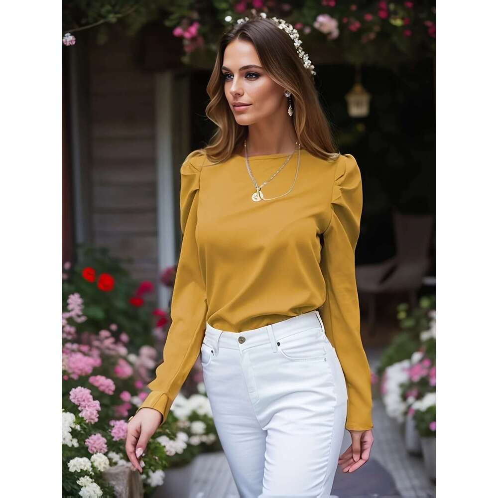 Pullover Elegant Long Sleeve Ruched Blouse - Women's Solid Crew Neck Top For Casual And Formal Wear